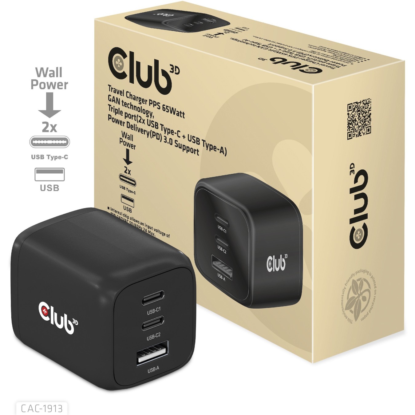 Club3D Charger - 2x USB-C, 1x USB-A, PD 65W, GaN, Retail — Buy in Cyprus with Fast Delivery