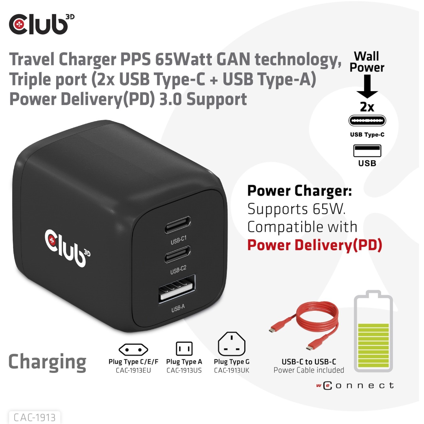 Club3D Charger - 2x USB-C, 1x USB-A, PD 65W, GaN, Retail — Buy in Cyprus with Fast Delivery