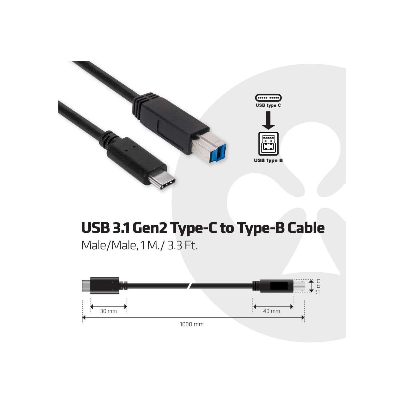 Club3D Cable USB 3.1 Type-C to USB Type-B 1.0m St St — Buy in Cyprus with Fast Delivery