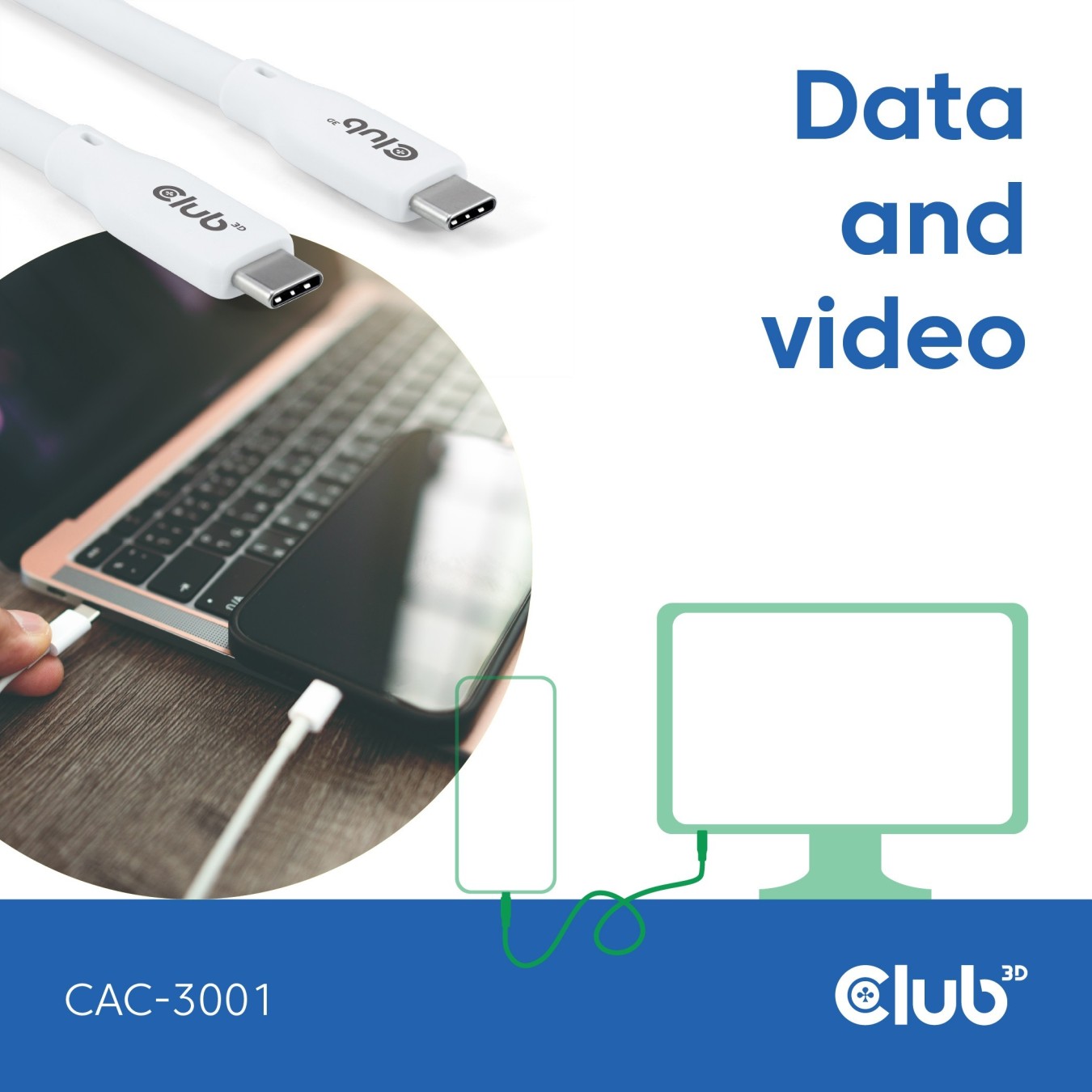 Club3D Lifestyle USB-C Cable - PD 240W.20Gbps 2m White — Buy in Cyprus with Fast Delivery