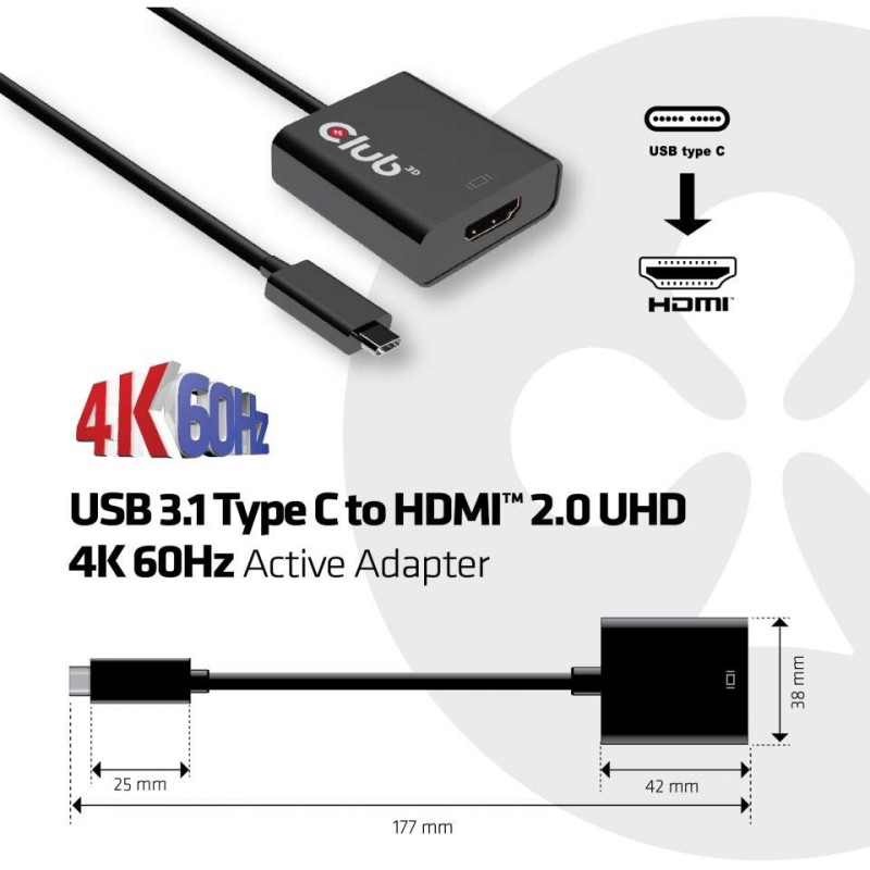 Buy Club3D USB 3.1 Type-C to HDMI 2.0 UHD HDR Active St Bu in Cyprus, Nicosia, Limassol, Larnaka, Pafos
