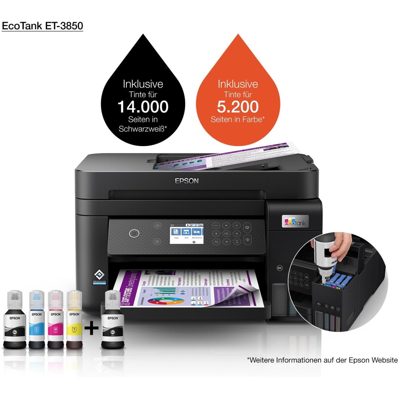 Epson EcoTank Inkjet Printer - ET-3850 - 3-in-1, A4, Wi-Fi WLAN, ADF, Duplex — Buy in Cyprus with Fast Delivery