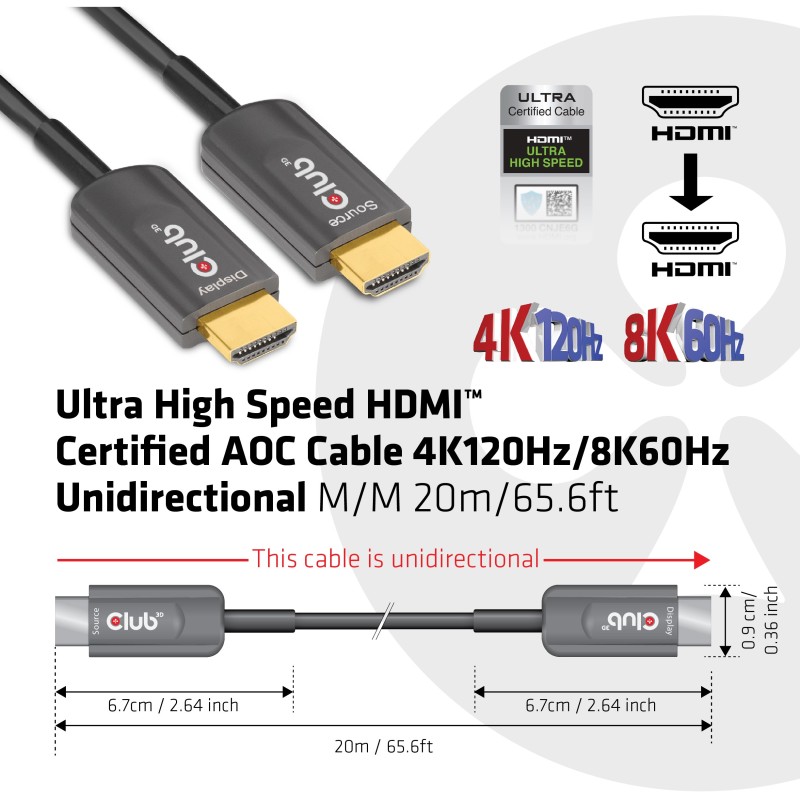 Buy Club3D HDMI Cable A to A - 2.1 Active Optical - 8K60Hz UHD - 20 m - Retail in Cyprus, Nicosia, Limassol, Larnaka, Pafos