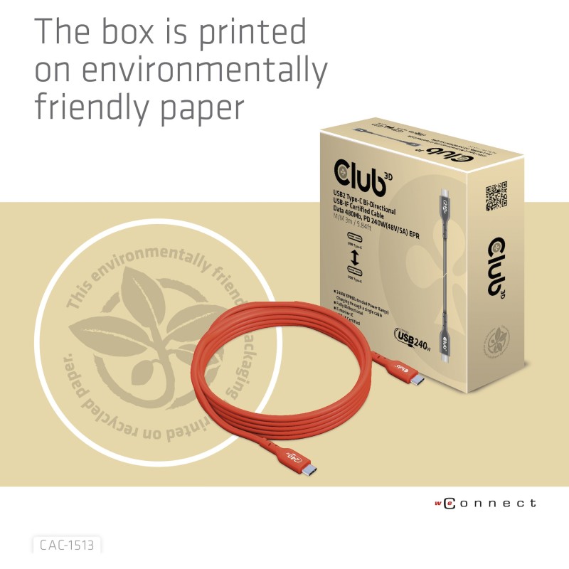 Buy Club3D USB 2 Type-C Cable PD 240W 480Mbps 3m Stainless Steel in Cyprus, Nicosia, Limassol, Larnaka, Pafos