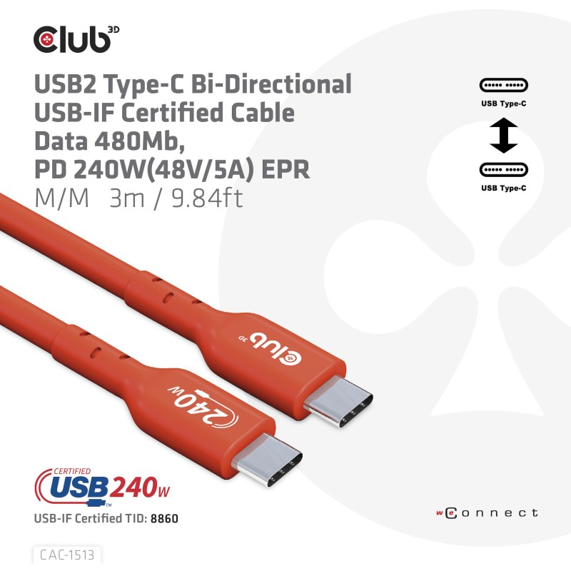 Buy Club3D USB 2 Type-C Cable PD 240W 480Mbps 3m Stainless Steel in Cyprus, Nicosia, Limassol, Larnaka, Pafos