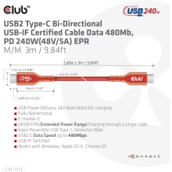 Buy Club3D USB 2 Type-C Cable PD 240W 480Mbps 3m Stainless Steel in Cyprus, Nicosia, Limassol, Larnaka, Pafos