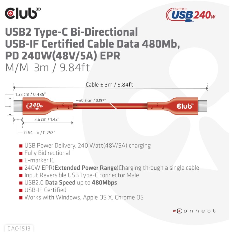 Buy Club3D USB 2 Type-C Cable PD 240W 480Mbps 3m Stainless Steel in Cyprus, Nicosia, Limassol, Larnaka, Pafos