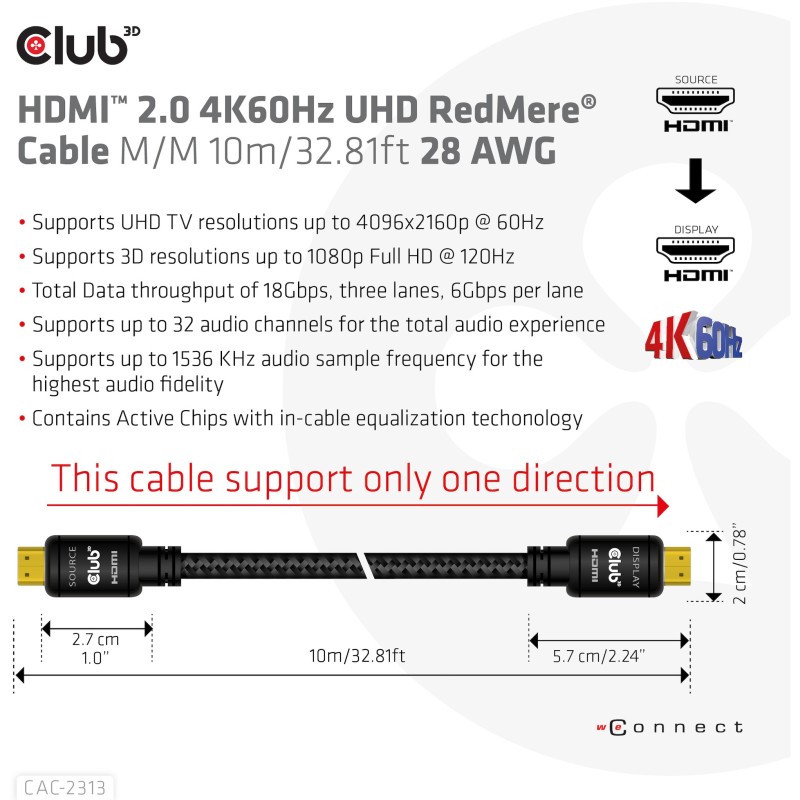 Buy Club3D HDMI Cable A - to A 2.0 RedMere 4K60Hz UHD 10 Meter retail in Cyprus, Nicosia, Limassol, Larnaka, Pafos