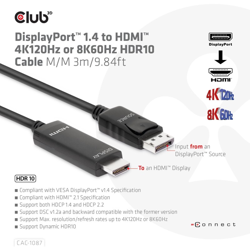Buy Club3D DisplayPort Cable - DisplayPort 1.4 to HDMI HDR 8K60Hz active 3m in Cyprus, Nicosia, Limassol, Larnaka, Pafos