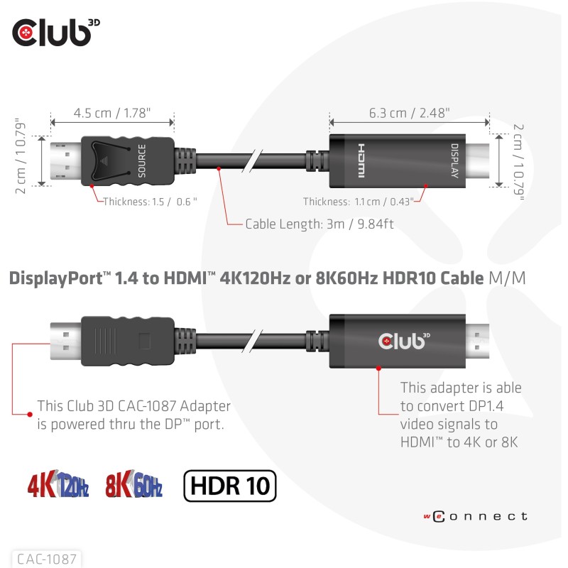 Buy Club3D DisplayPort Cable - DisplayPort 1.4 to HDMI HDR 8K60Hz active 3m in Cyprus, Nicosia, Limassol, Larnaka, Pafos