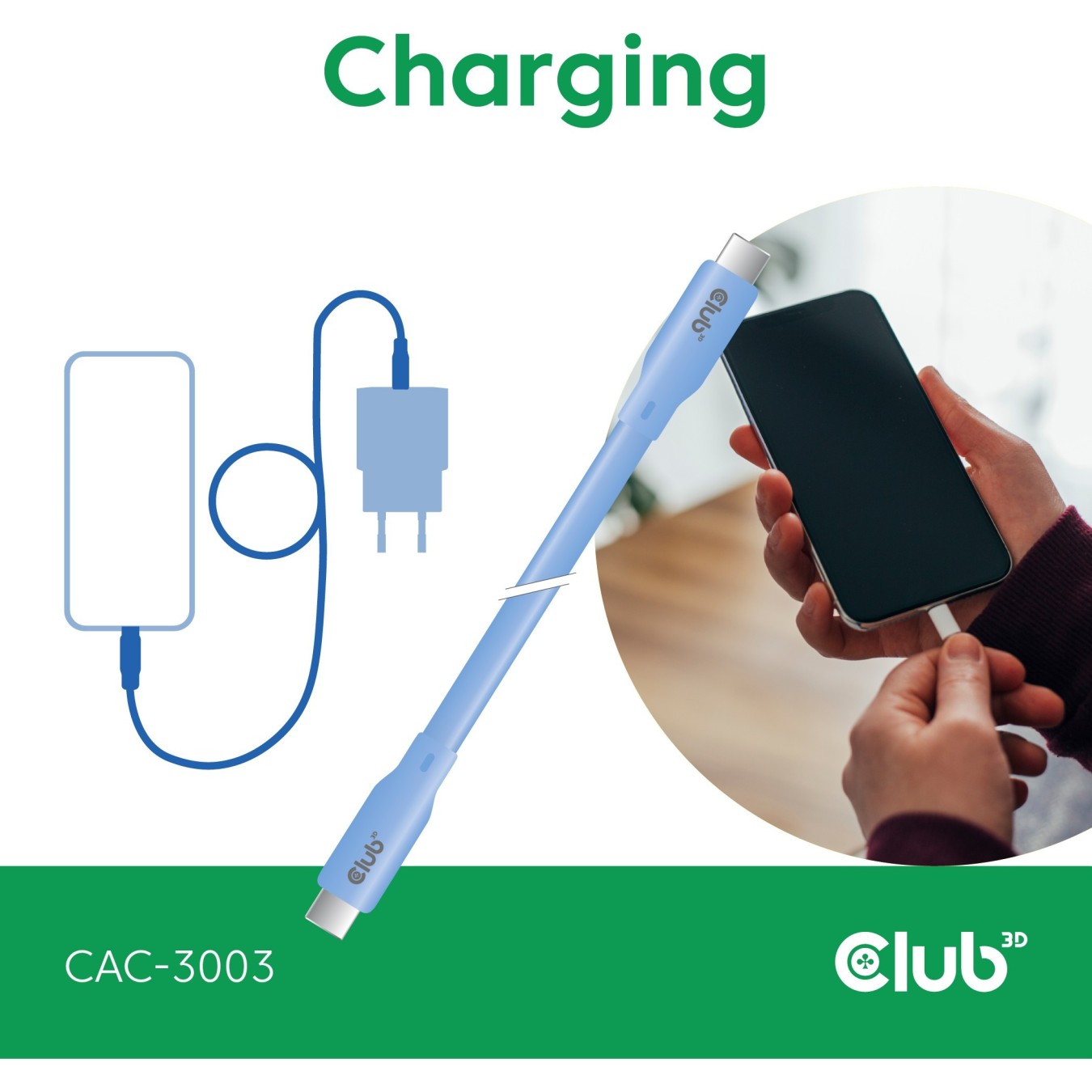 Club3D Lifestyle USB-C Cable - PD 240W.20Gbps 2m Blue St St — Buy in Cyprus with Fast Delivery
