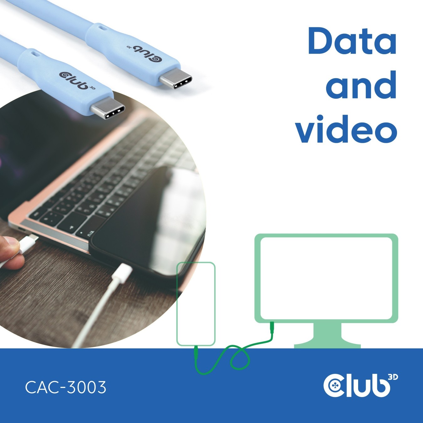 Club3D Lifestyle USB-C Cable - PD 240W.20Gbps 2m Blue St St — Buy in Cyprus with Fast Delivery