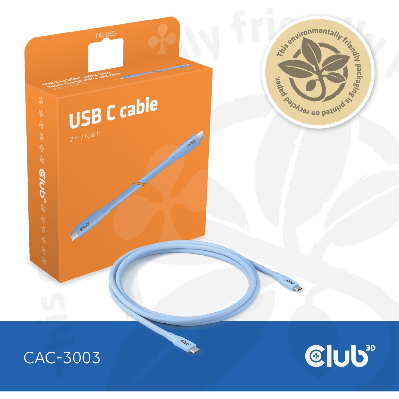 Club3D Lifestyle USB-C Cable - PD 240W.20Gbps 2m Blue St St — Buy in Cyprus with Fast Delivery