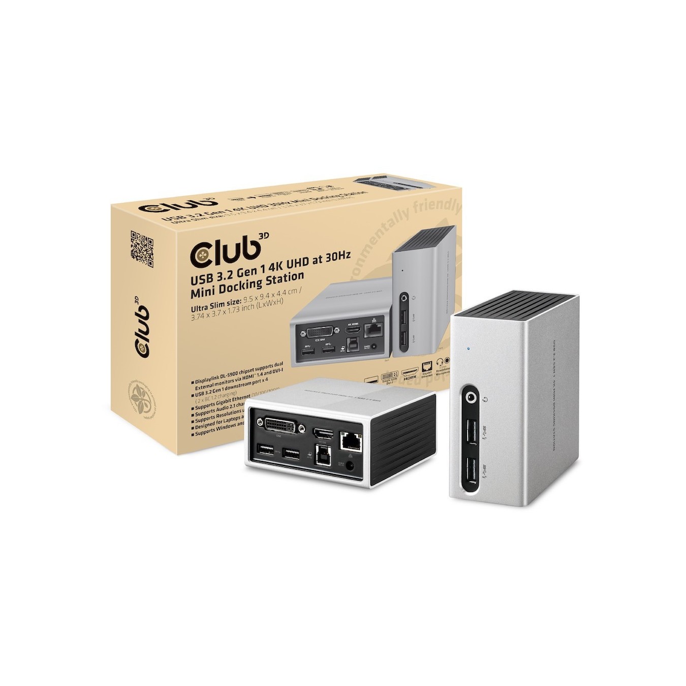 Club3D 4K Mini-Docking USB3 - to 4x USB3 HDMI DVI LAN Silver — Buy in Cyprus with Fast Delivery