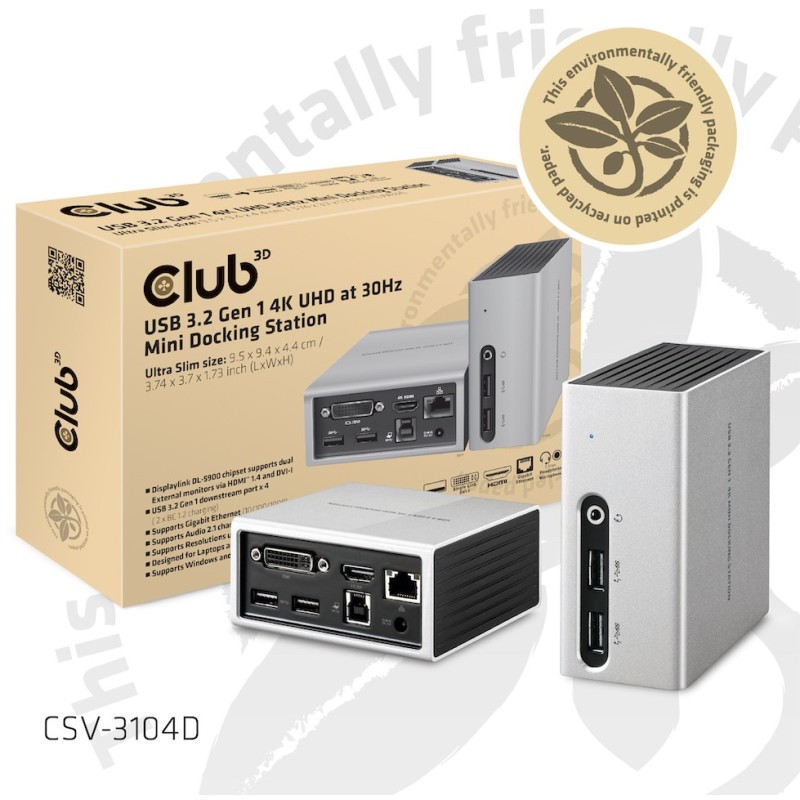 Buy Club3D 4K Mini-Docking USB3 - to 4x USB3 HDMI DVI LAN Silver in Cyprus, Nicosia, Limassol, Larnaka, Pafos