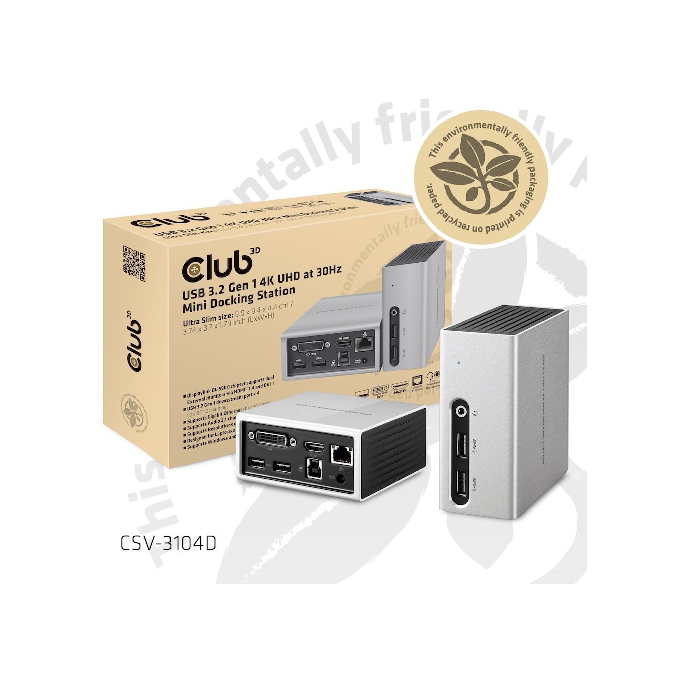 Club3D 4K Mini-Docking USB3 - to 4x USB3 HDMI DVI LAN Silver — Buy in Cyprus with Fast Delivery