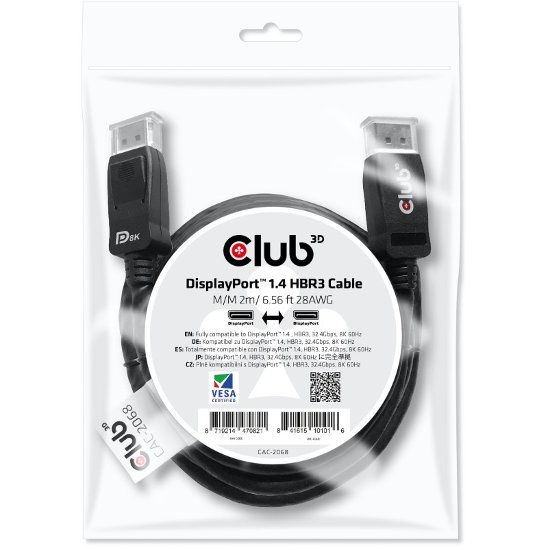 Buy Club3D DisplayPort Cable - 1.4 HBR3 32.4Gb s 2m 8K60Hz St St Polybag in Cyprus, Nicosia, Limassol, Larnaka, Pafos