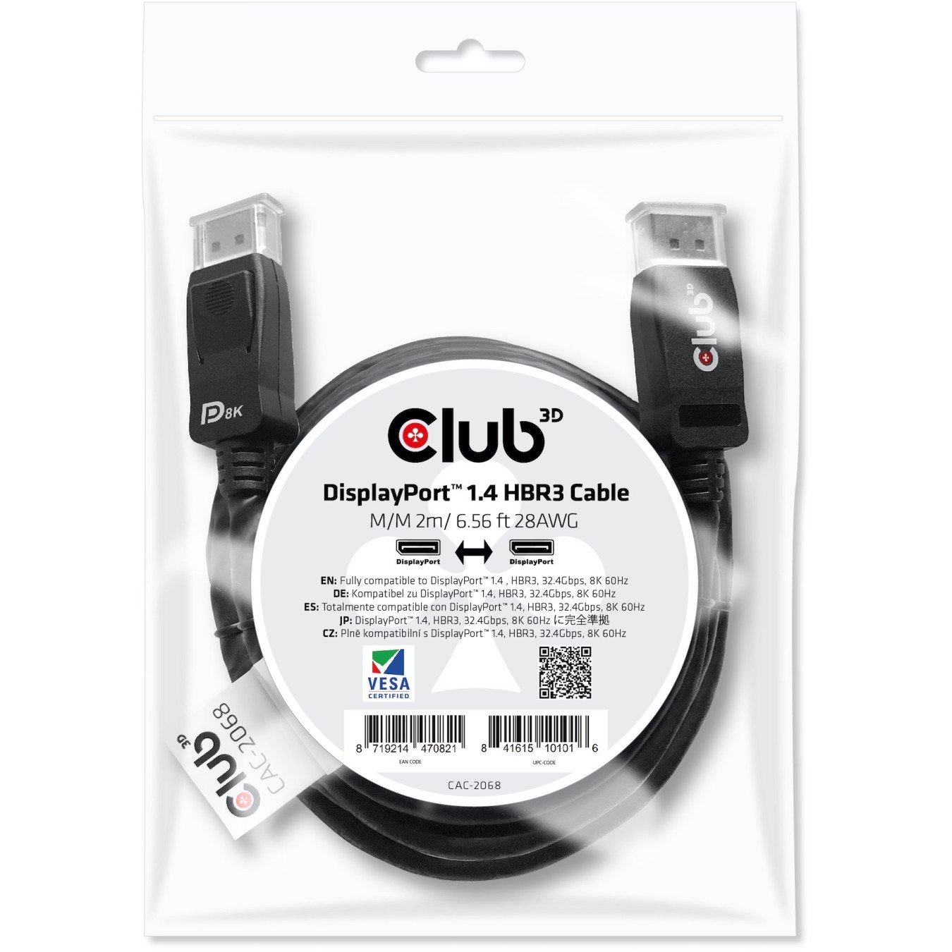 Club3D DisplayPort Cable - 1.4 HBR3 32.4Gb s 2m 8K60Hz St St Polybag — Buy in Cyprus with Fast Delivery