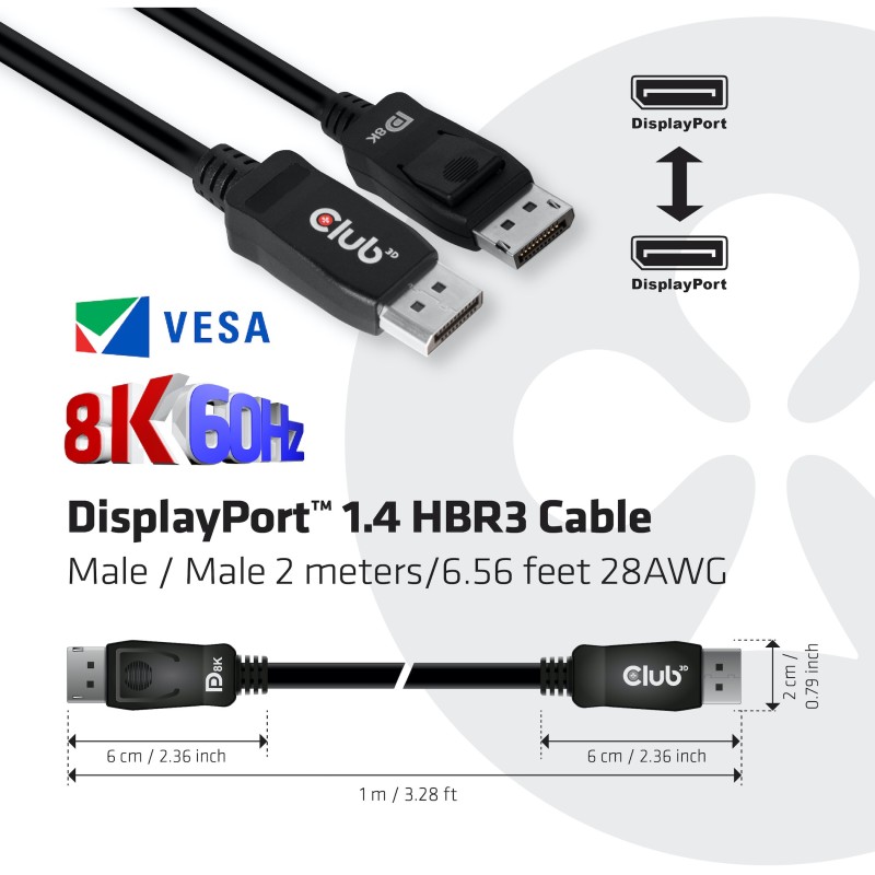 Buy Club3D DisplayPort Cable - 1.4 HBR3 32.4Gb s 2m 8K60Hz St St Polybag in Cyprus, Nicosia, Limassol, Larnaka, Pafos