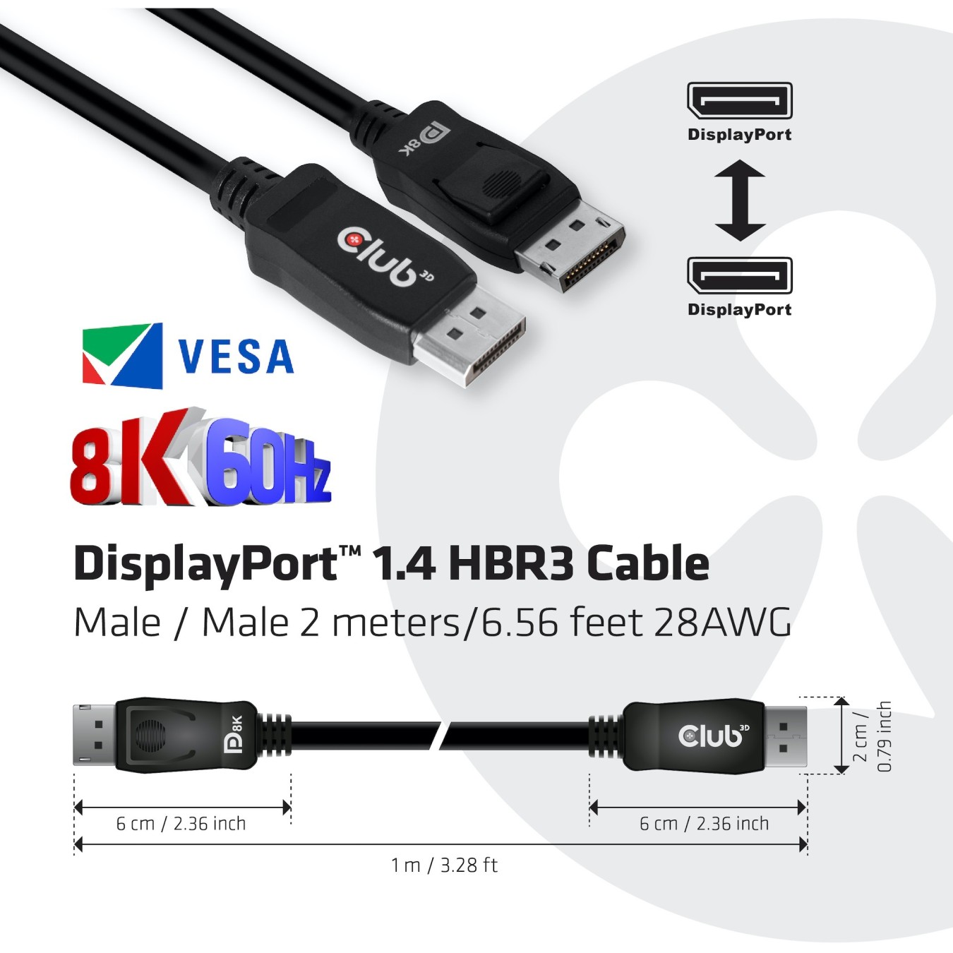 Club3D DisplayPort Cable - 1.4 HBR3 32.4Gb s 2m 8K60Hz St St Polybag — Buy in Cyprus with Fast Delivery