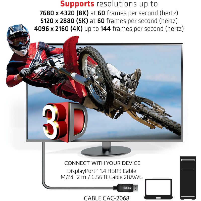 Buy Club3D DisplayPort Cable - 1.4 HBR3 32.4Gb s 2m 8K60Hz St St Polybag in Cyprus, Nicosia, Limassol, Larnaka, Pafos