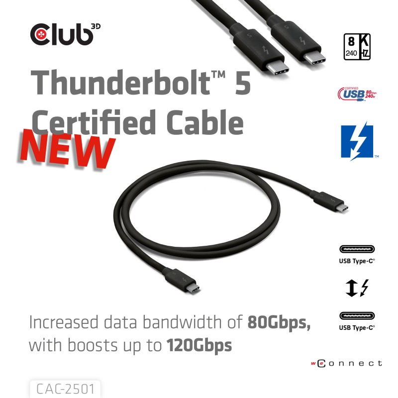 Buy Club3D Cable Thunderbolt5 certified - 8K240Hz 80 120Gbps 1m in Cyprus, Nicosia, Limassol, Larnaka, Pafos