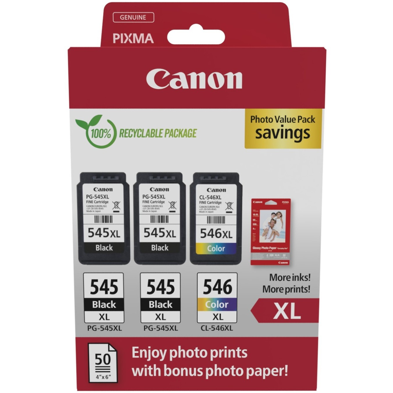 Canon Ink PG-545XL CL-546XL - 8286B015 - 3-pack (2x BK Color) incl. Photo Paper — Buy in Cyprus with Fast Delivery