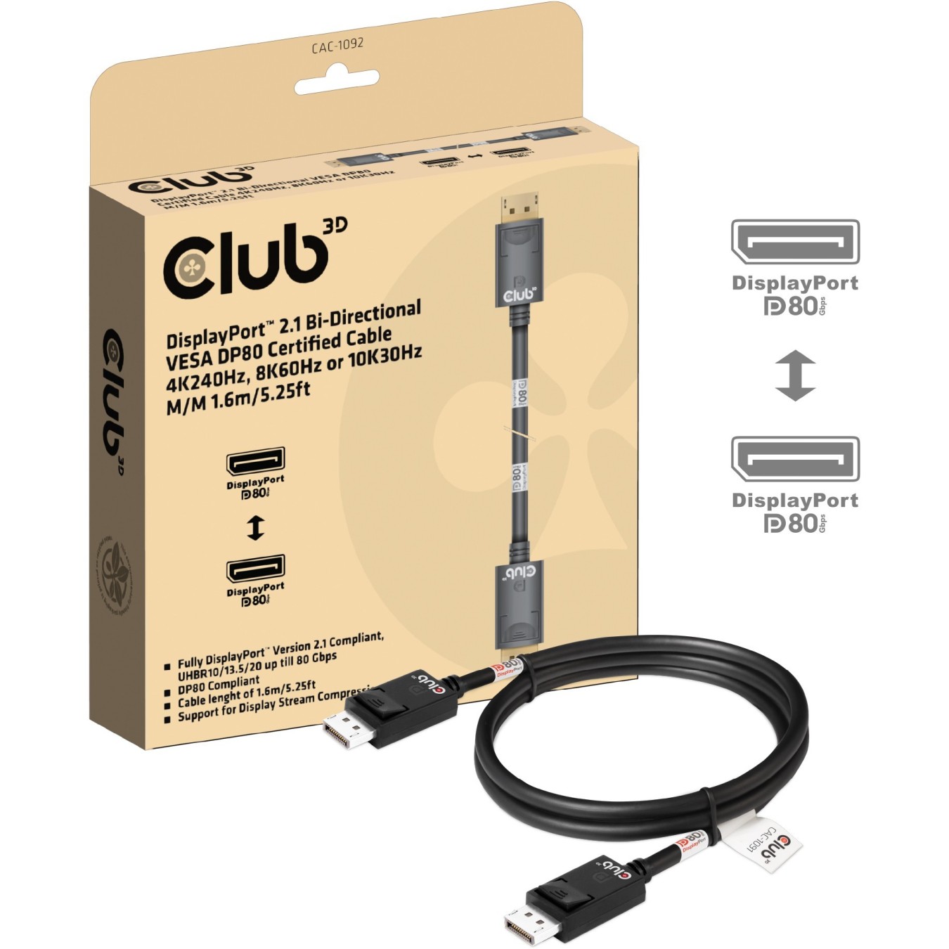 Club3D DisplayPort Cable 2.1 - DP80 certified 1.6m 10K 8K 4K St St retail — Buy in Cyprus with Fast Delivery
