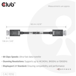 Buy Club3D DisplayPort Cable 2.1 - DP80 certified 1.6m 10K 8K 4K St St retail in Cyprus, Nicosia, Limassol, Larnaka, Pafos