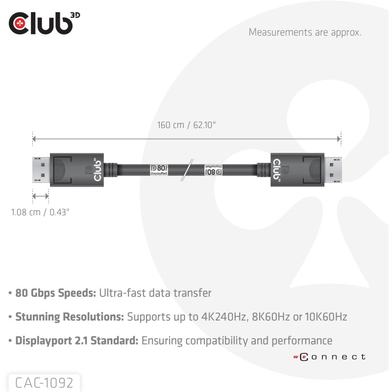 Buy Club3D DisplayPort Cable 2.1 - DP80 certified 1.6m 10K 8K 4K St St retail in Cyprus, Nicosia, Limassol, Larnaka, Pafos