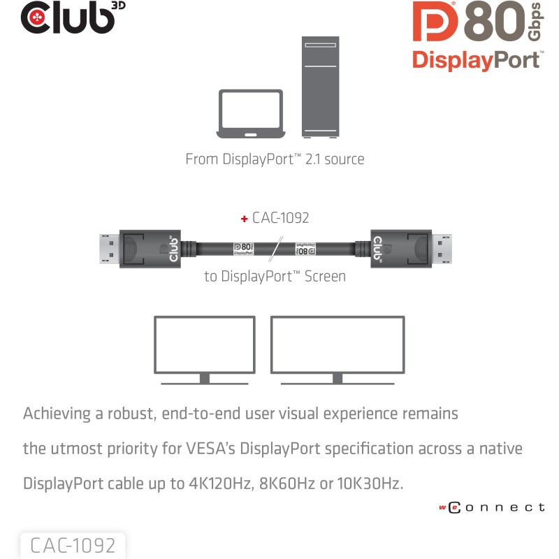 Buy Club3D DisplayPort Cable 2.1 - DP80 certified 1.6m 10K 8K 4K St St retail in Cyprus, Nicosia, Limassol, Larnaka, Pafos