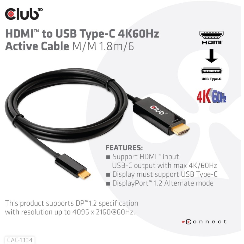 Buy Club3D HDMI Cable A - to USB-C active 4K60Hz 1.8m retail in Cyprus, Nicosia, Limassol, Larnaka, Pafos
