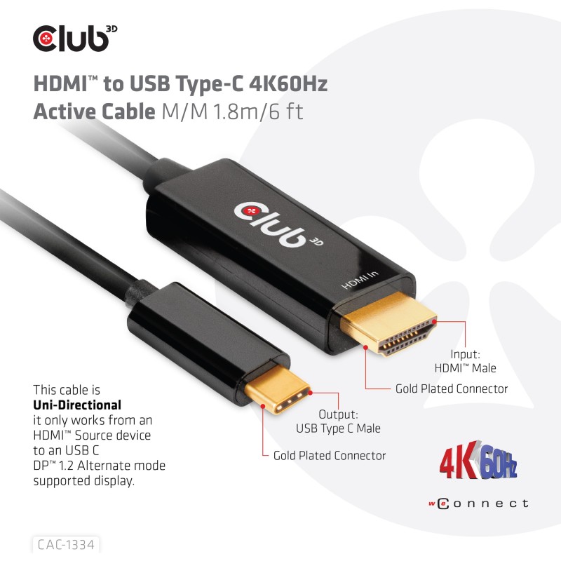 Buy Club3D HDMI Cable A - to USB-C active 4K60Hz 1.8m retail in Cyprus, Nicosia, Limassol, Larnaka, Pafos
