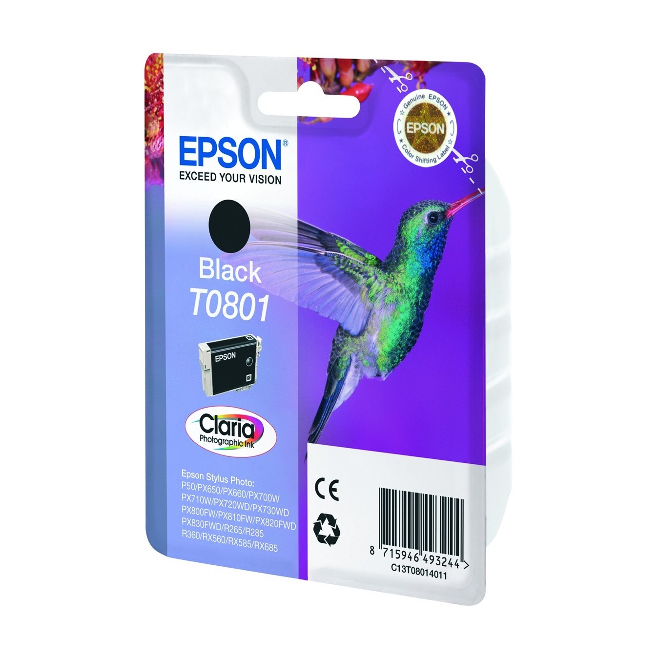 Epson Ink Cartridge - T0801 - Black, Standard Capacity, 7.4ml, 330 pages, 1-pack blister without alarm