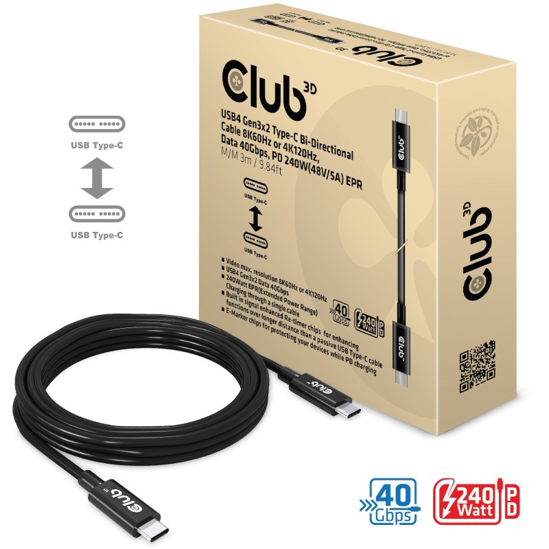 Buy Club3D USB 4 Type-C Cable - PD 240W 8K 40Gbps 3m St St in Cyprus, Nicosia, Limassol, Larnaka, Pafos