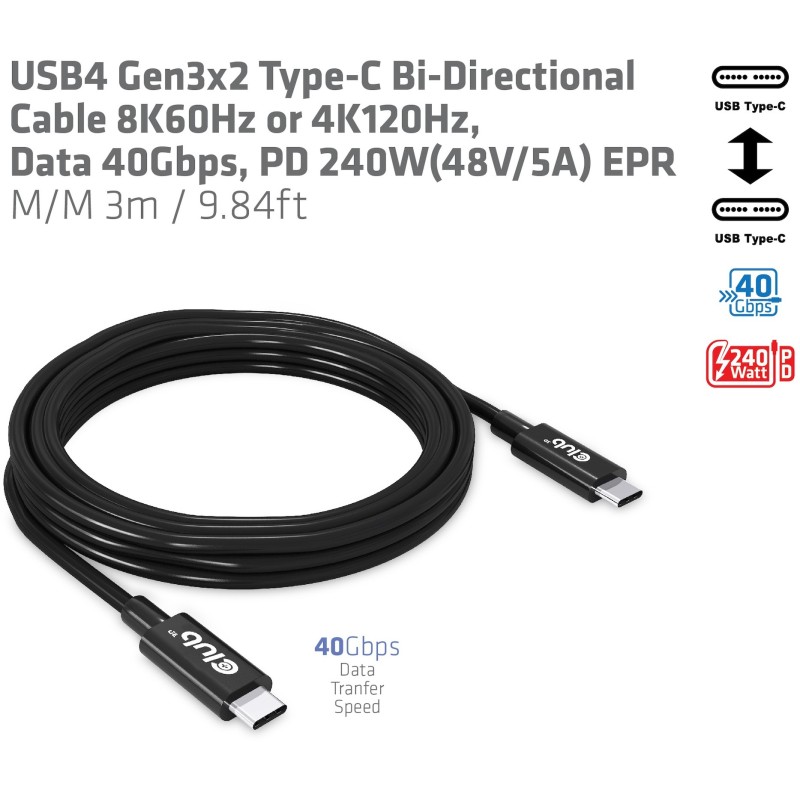 Buy Club3D USB 4 Type-C Cable - PD 240W 8K 40Gbps 3m St St in Cyprus, Nicosia, Limassol, Larnaka, Pafos