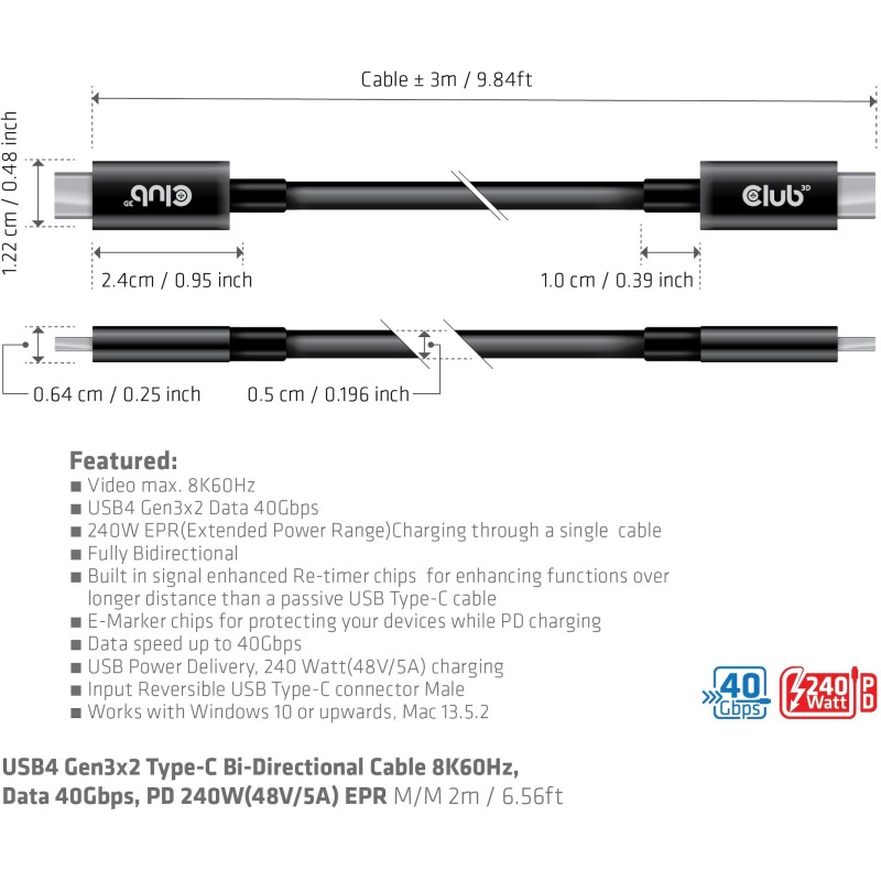 Buy Club3D USB 4 Type-C Cable - PD 240W 8K 40Gbps 3m St St in Cyprus, Nicosia, Limassol, Larnaka, Pafos