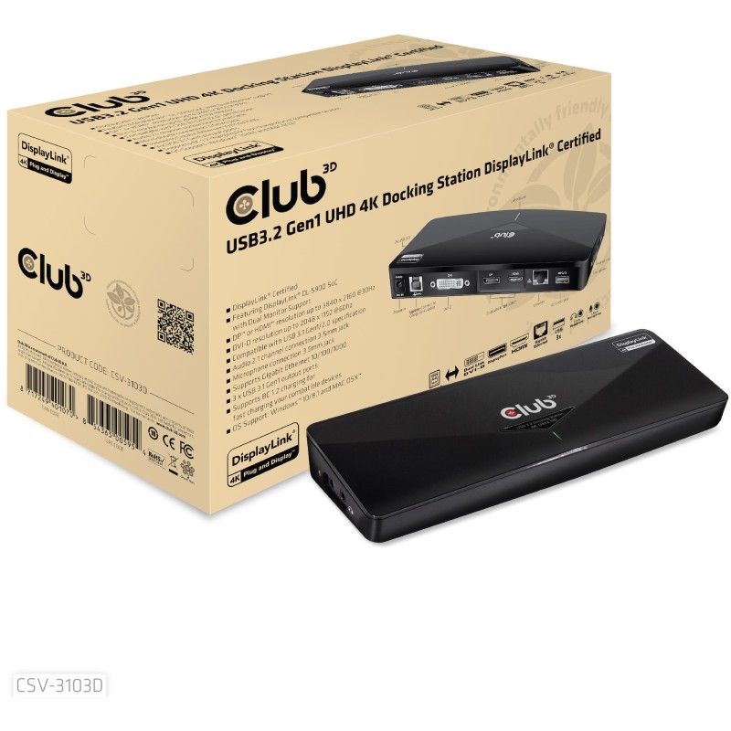 Buy Club3D 4K Dockingstation USB3 - to 3xUSB3 HDMI DP DVI Black in Cyprus, Nicosia, Limassol, Larnaka, Pafos