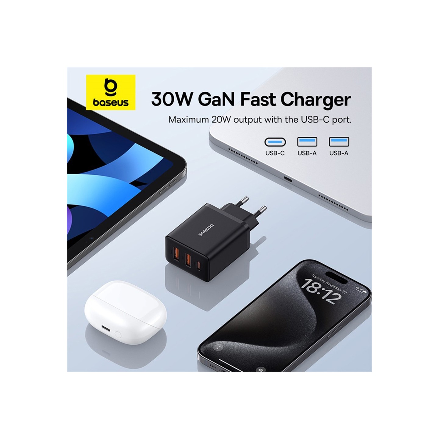 Baseus Charger Wall 30W 2xUSB-A 1xUSB-C Cube EU Black - Characteristics — Buy in Cyprus with Fast Delivery
