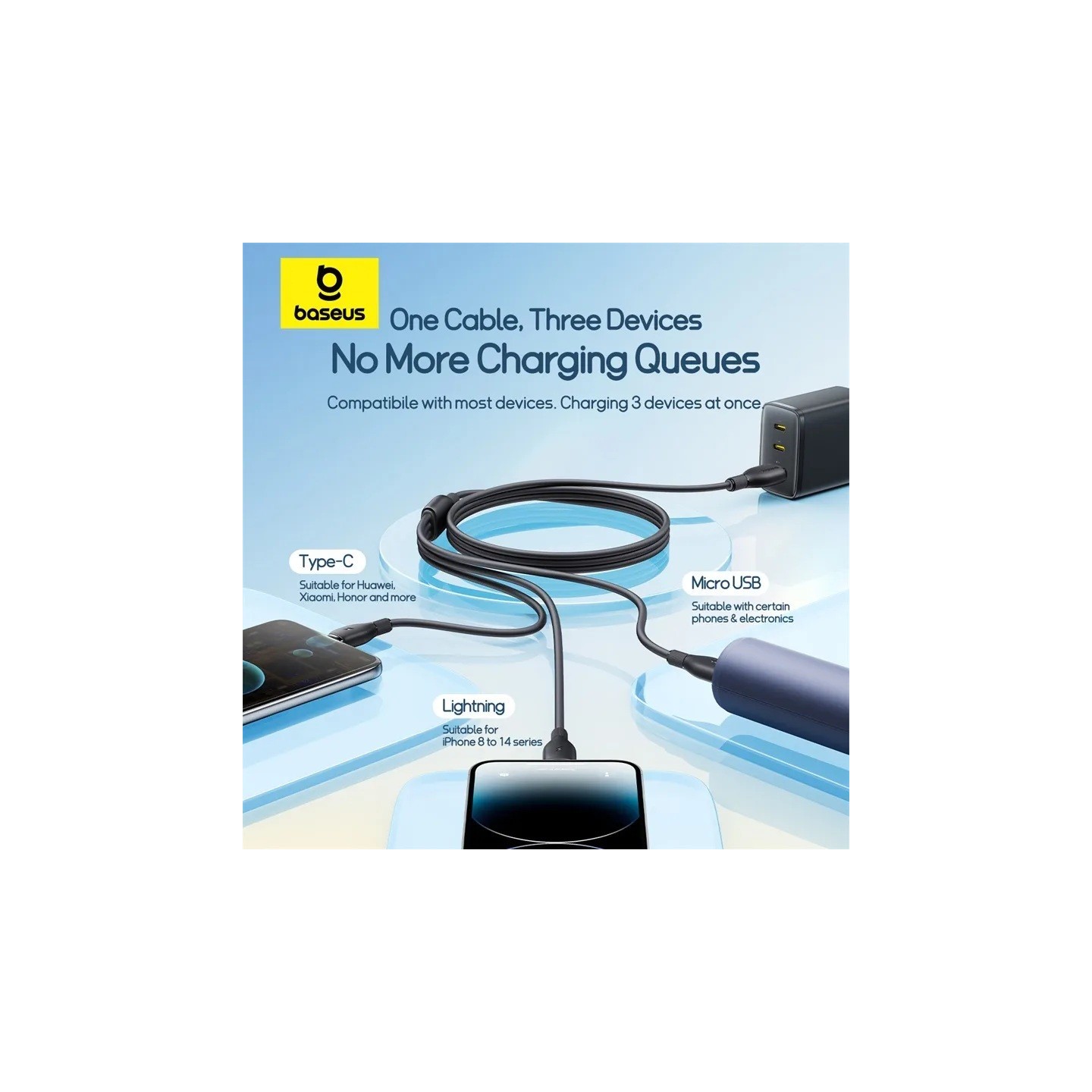 Baseus Cable 3in1 USB-C Micro Ligh Ultra Fast Series - 1.3m - Black — Buy in Cyprus with Fast Delivery