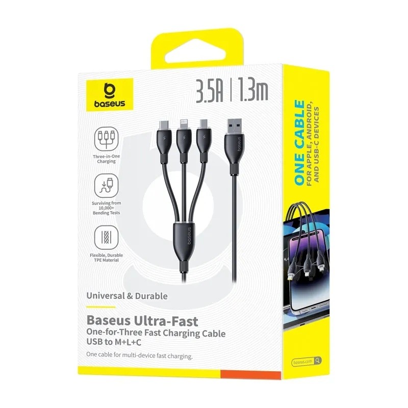 Buy Baseus Cable 3in1 USB-C Micro Ligh Ultra Fast Series - 1.3m - Black in Cyprus, Nicosia, Limassol, Larnaka, Pafos