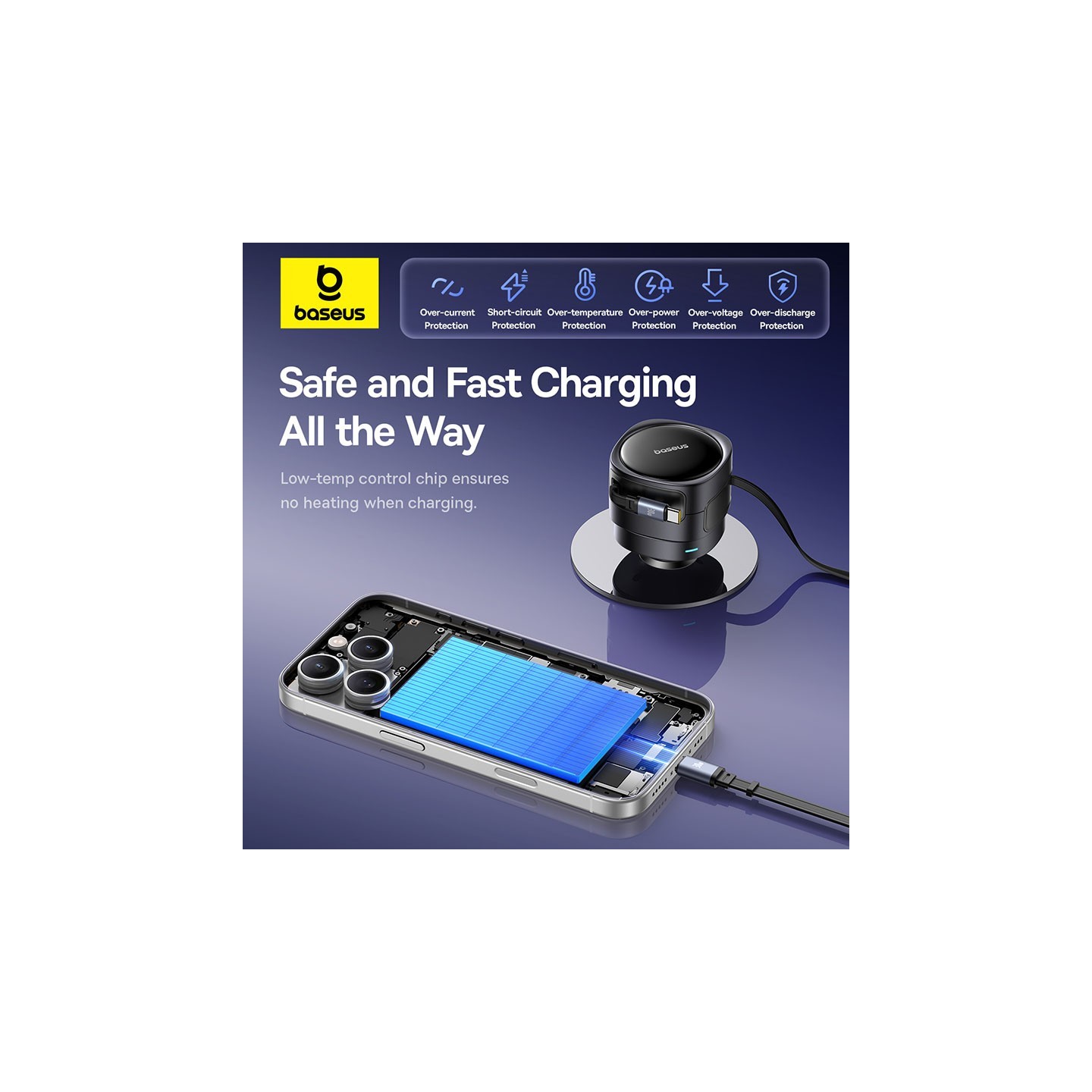 Baseus Car Charger 60W Enjoyment with Retractable Cables (C+C) Black - 60W, Retractable Cables, Black