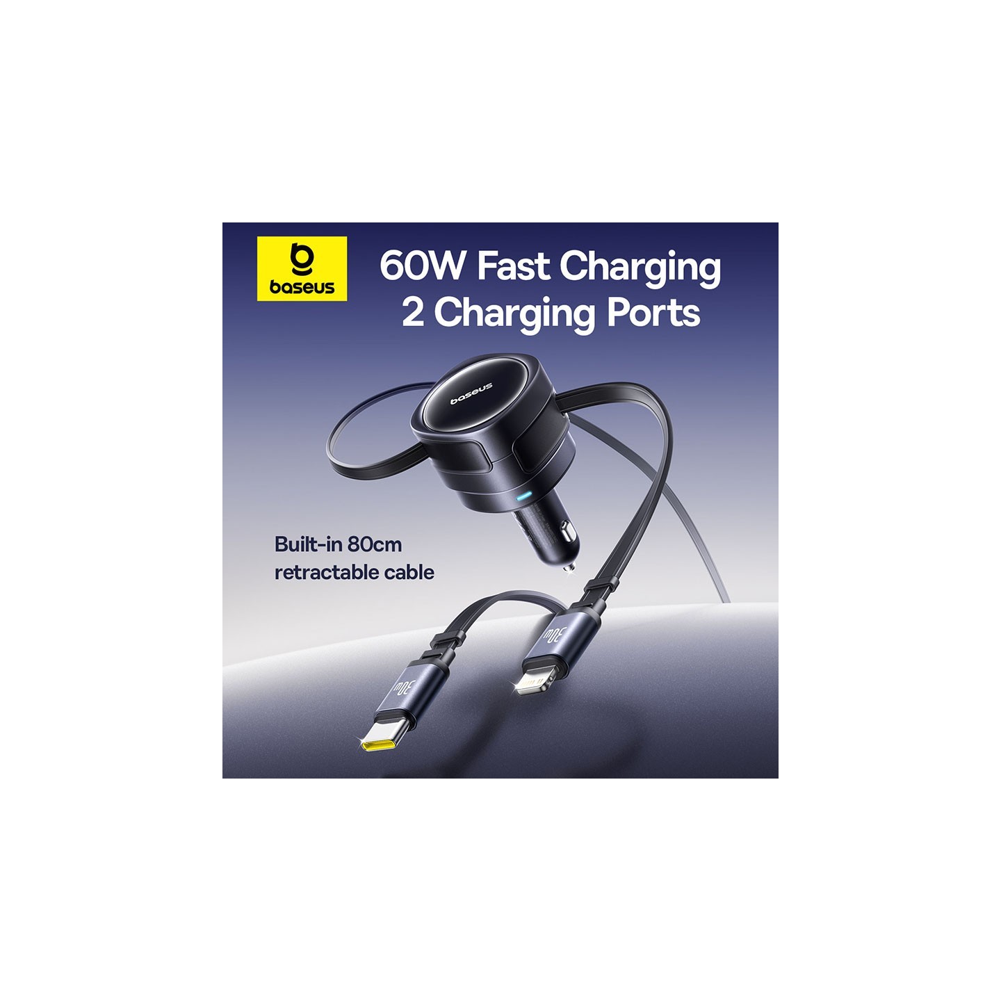 Baseus Car Charger 60W Enjoyment with Retractable Cables (C+C) Black - 60W, Retractable Cables, Black