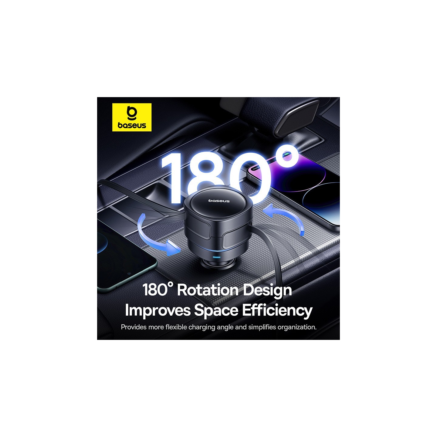 Baseus Car Charger 60W Enjoyment with Retractable Cables (C+C) Black - 60W, Retractable Cables, Black