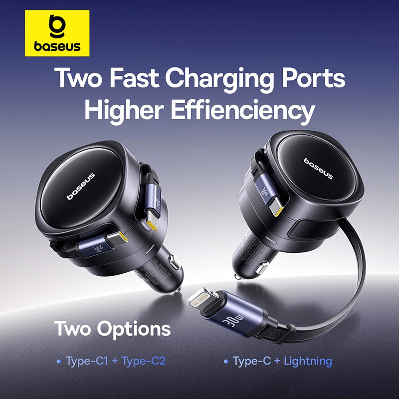 Buy Baseus Car Charger 60W Enjoyment with Retractable Cables (C+C) Black - 60W, ... in Cyprus, Nicosia, Limassol, Larnaka, Pafos