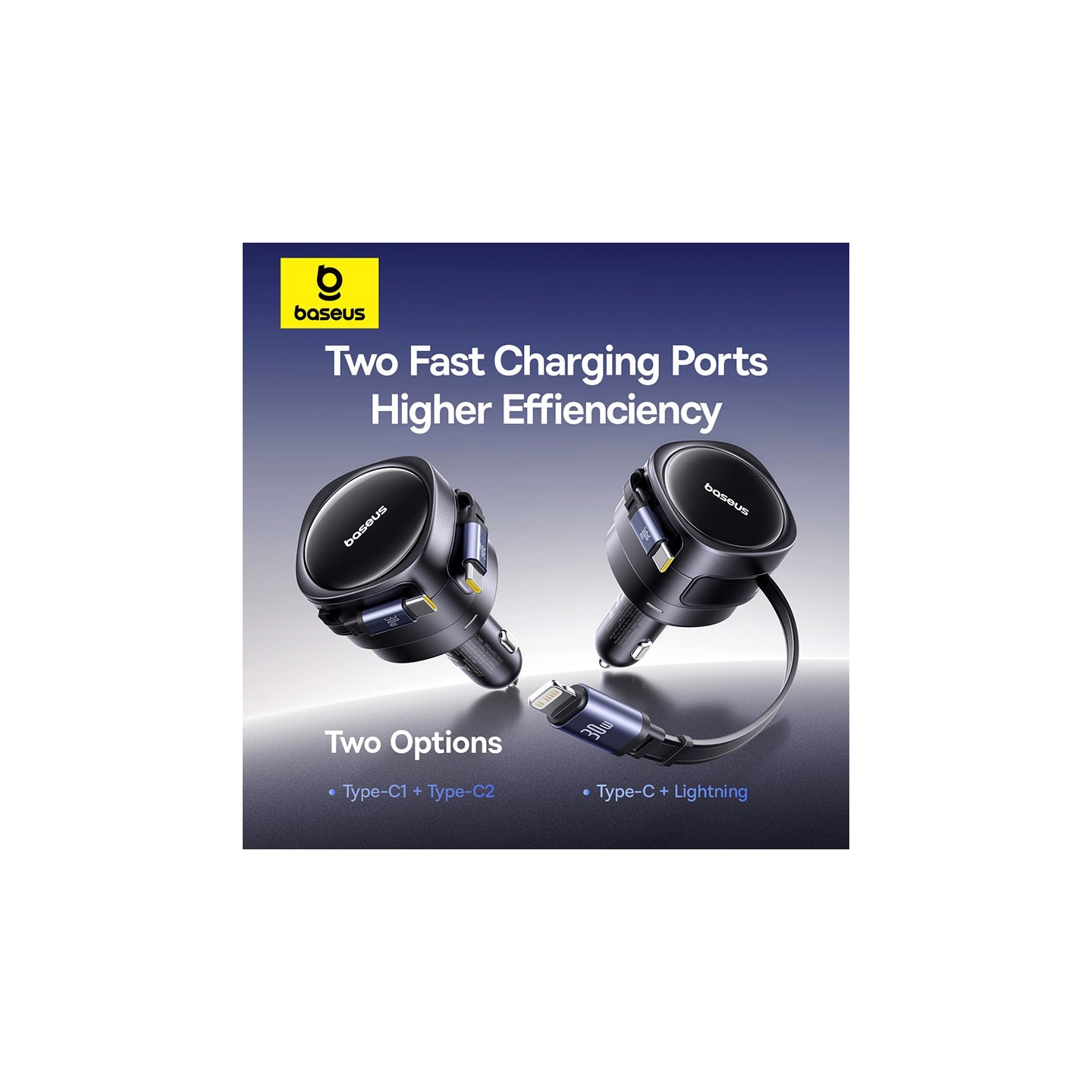 Baseus Car Charger 60W Enjoyment with Retractable Cables (C+C) Black - 60W, Retractable Cables, Black