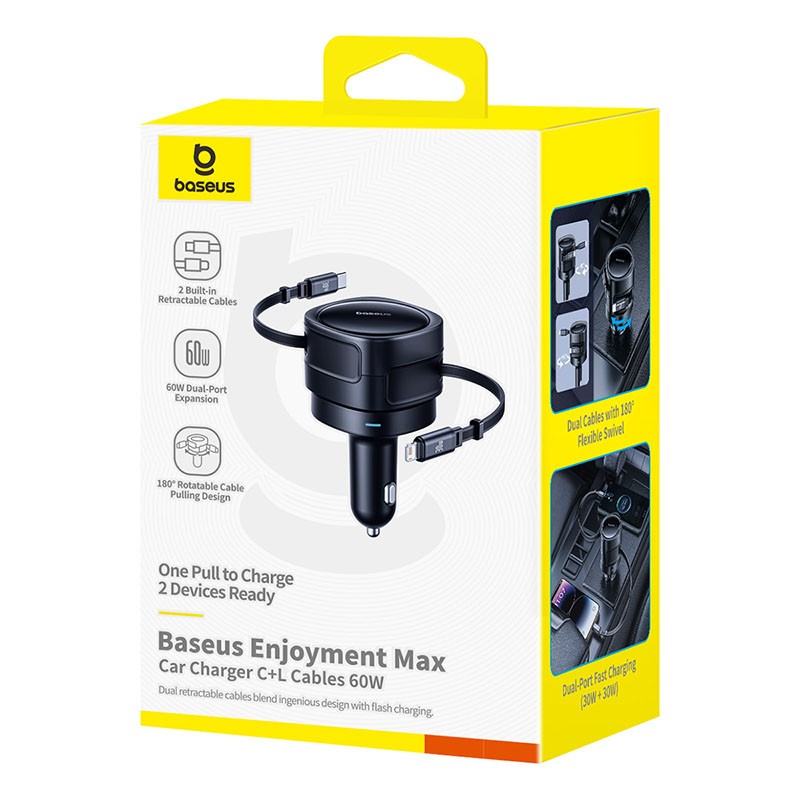 Buy Baseus Car Charger 60W Enjoyment with Retractable Cables (C+C) Black - 60W, ... in Cyprus, Nicosia, Limassol, Larnaka, Pafos