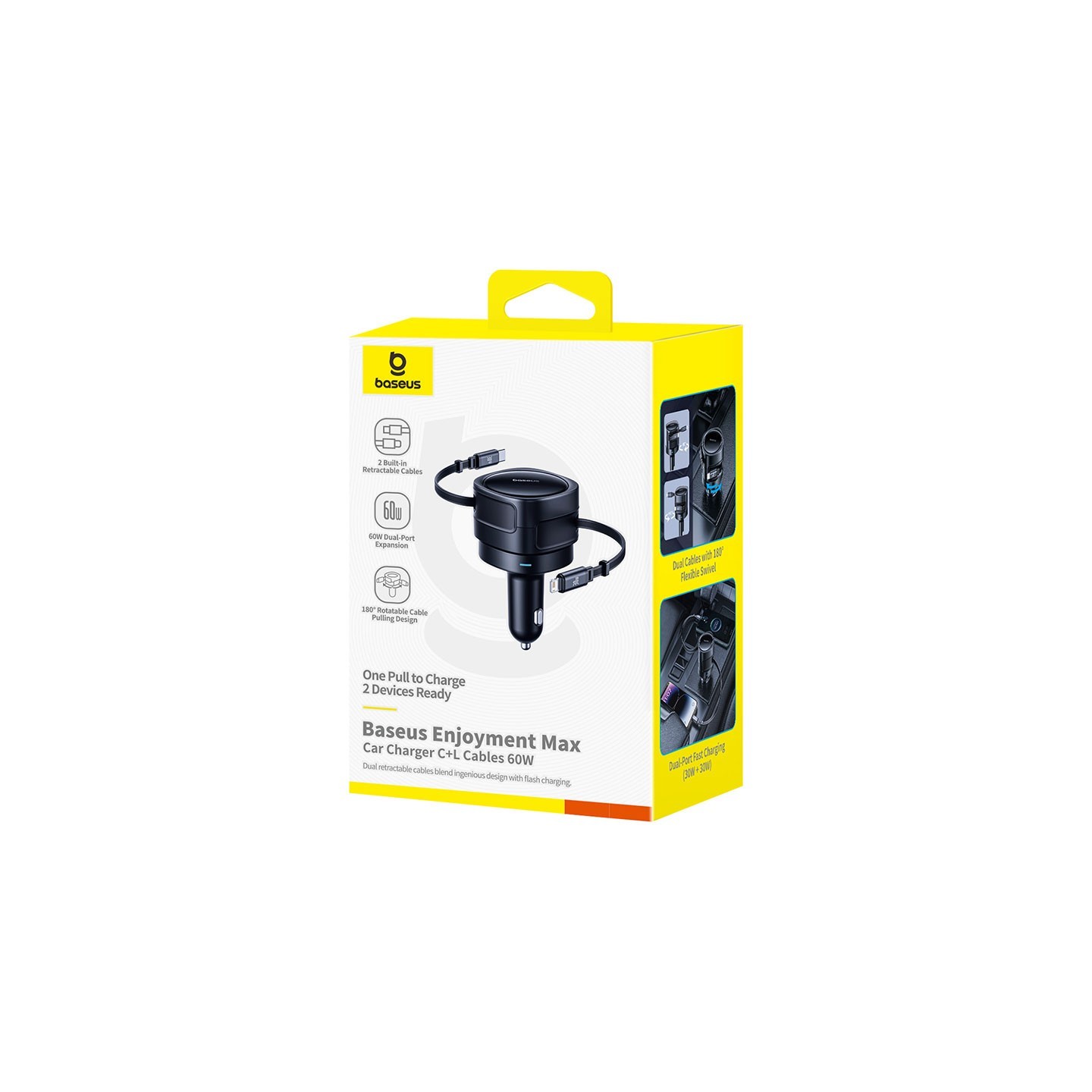 Baseus Car Charger 60W Enjoyment with Retractable Cables (C+C) Black - 60W, Retractable Cables, Black