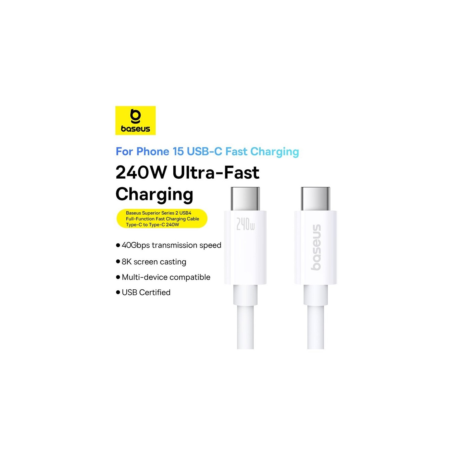 Baseus Superior Series 2 USB4 USB-C to USB-C 240W 40Gbps 1m White (Boxed) — Buy in Cyprus with Fast Delivery