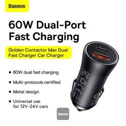 Buy Baseus Golden Contactor Max Car Charger - U+C 60W Dark Gray in Cyprus, Nicosia, Limassol, Larnaka, Pafos